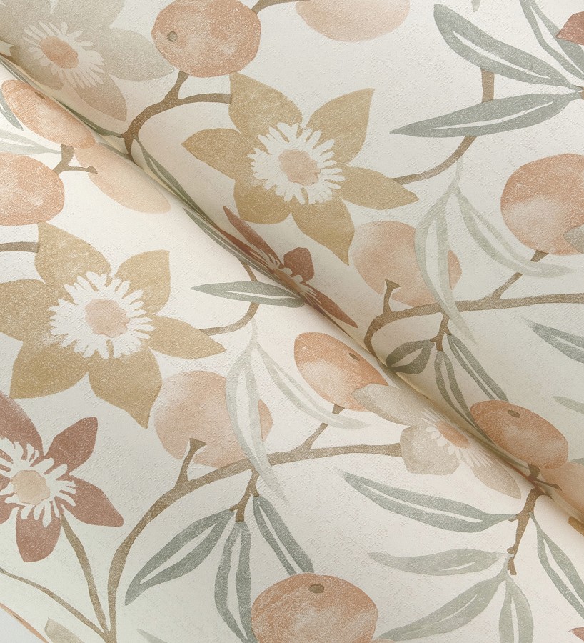 Papel pintado de frutas y flores estilo country tonos ocre beige y terracota  Rowan Nectarine 684300