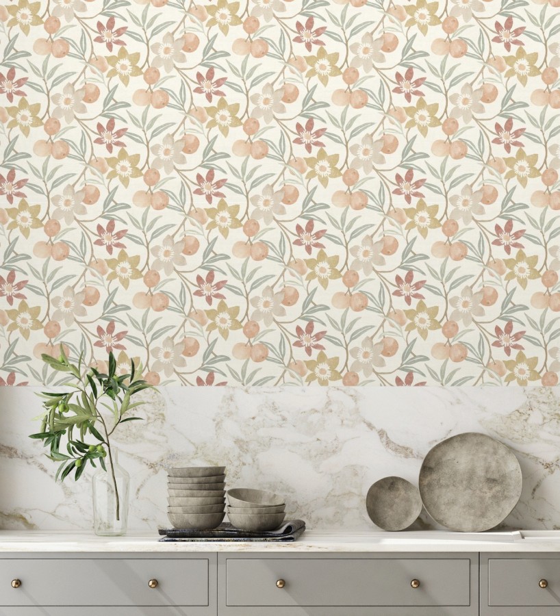 Papel pintado de frutas y flores estilo country tonos ocre beige y terracota  Rowan Nectarine 684300