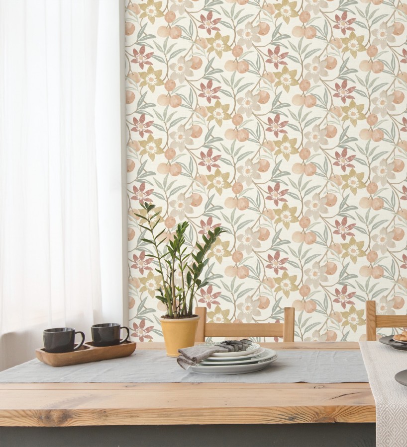 Papel pintado de frutas y flores estilo country tonos ocre beige y terracota  Rowan Nectarine 684300