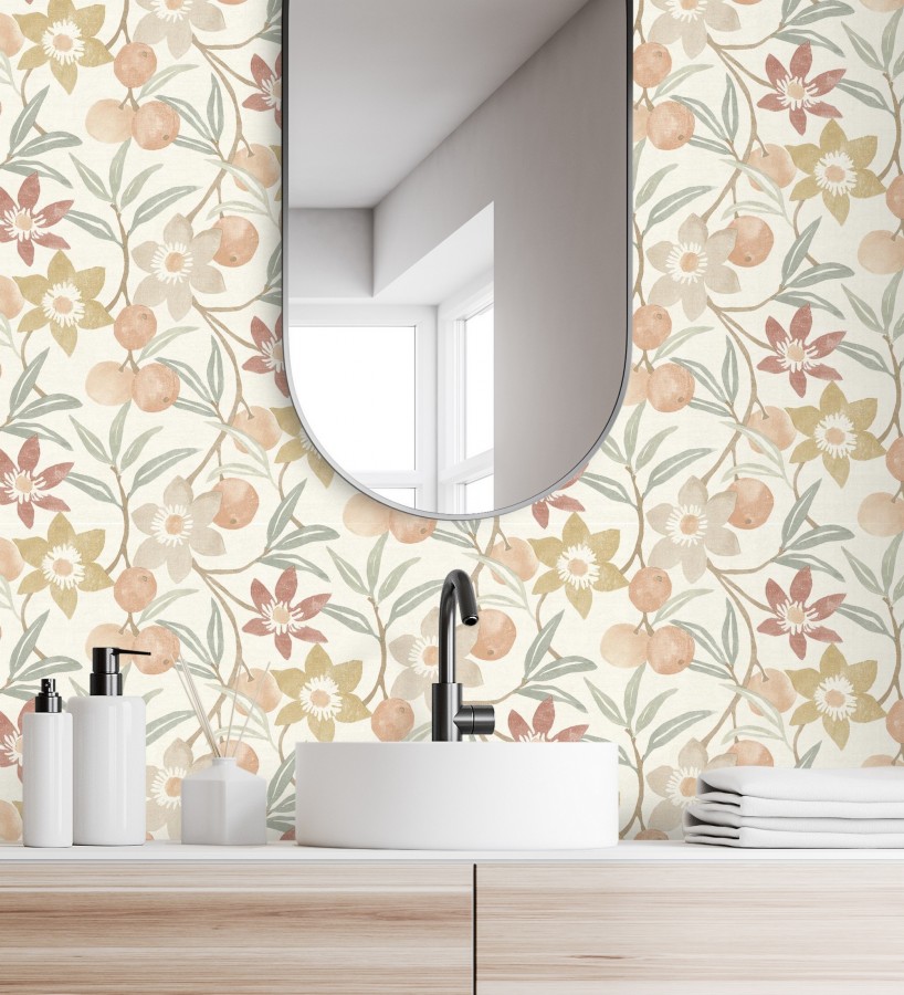Papel pintado de frutas y flores estilo country tonos ocre beige y terracota  Rowan Nectarine 684300