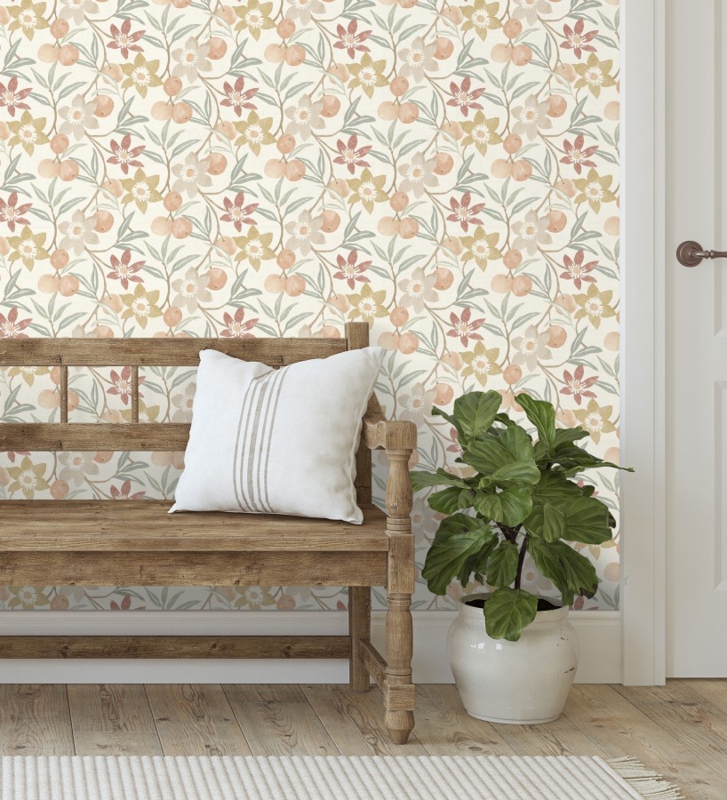 Papel pintado de frutas y flores estilo country tonos ocre beige y terracota  Rowan Nectarine 684300