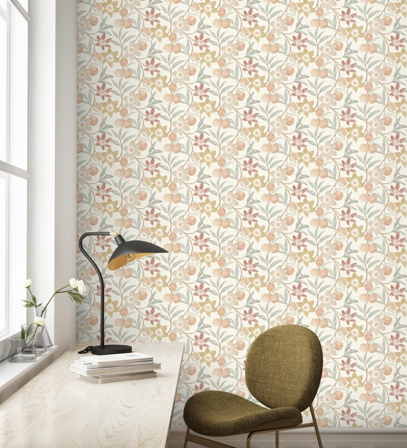 Papel pintado de frutas y flores estilo country tonos ocre beige y terracota  Rowan Nectarine 684300