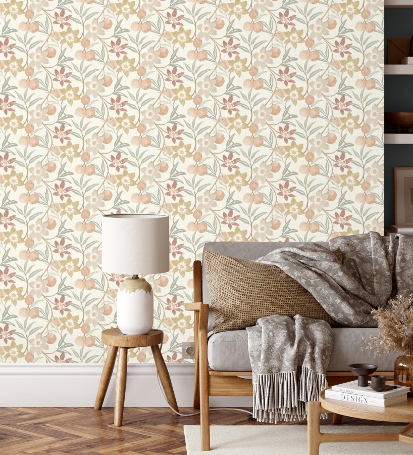 Papel pintado de frutas y flores estilo country tonos ocre beige y terracota  Rowan Nectarine 684300