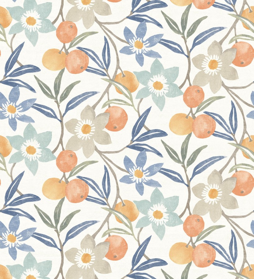 Papel pintado de frutas y flores estilo country tonos naranja azules y grises  Rowan Nectarine 684301