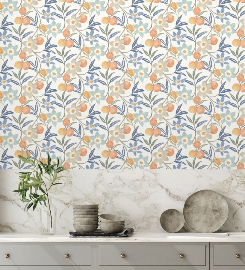Papel pintado de frutas y flores estilo country tonos naranja azules y grises  Rowan Nectarine 684301