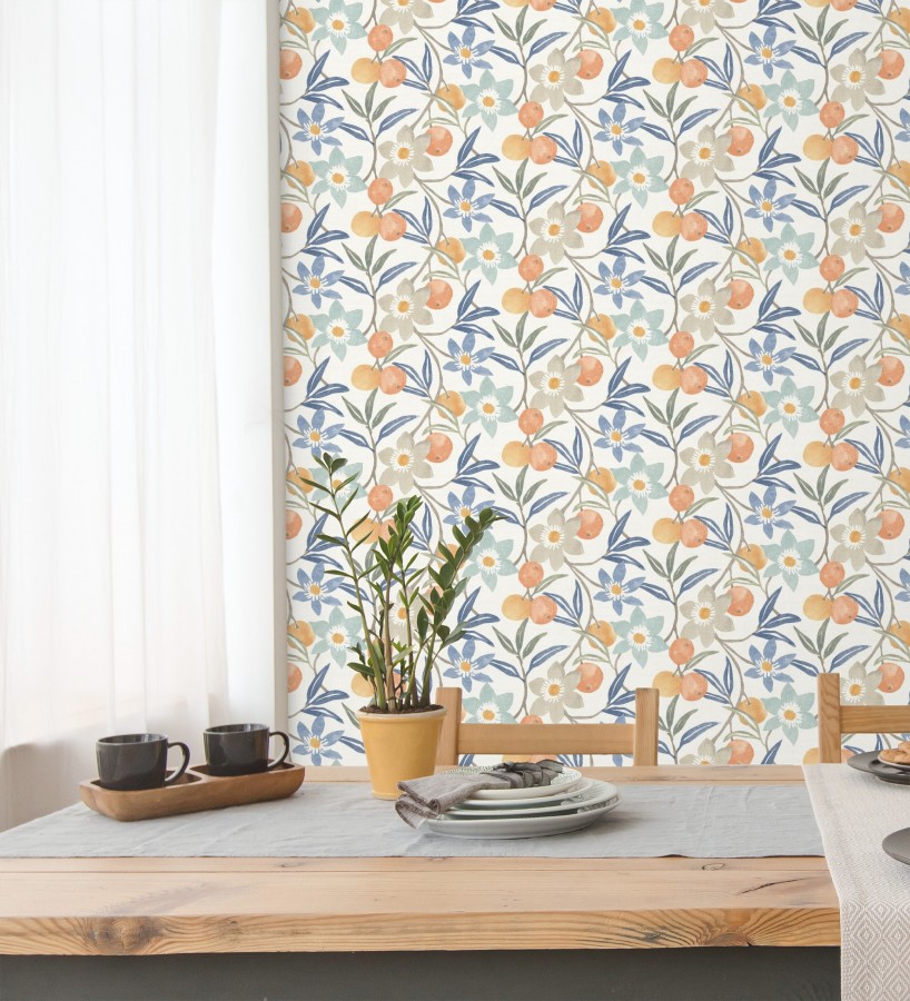 Papel pintado de frutas y flores estilo country tonos naranja azules y grises  Rowan Nectarine 684301