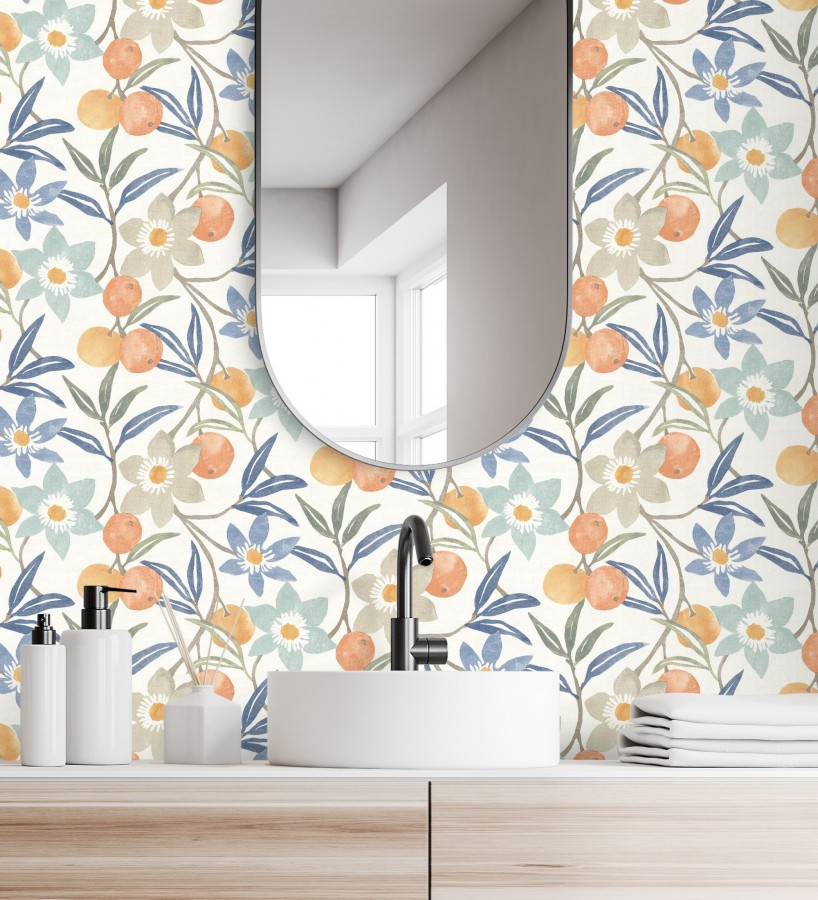 Papel pintado de frutas y flores estilo country tonos naranja azules y grises  Rowan Nectarine 684301