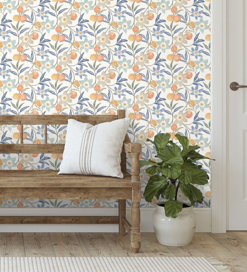 Papel pintado de frutas y flores estilo country tonos naranja azules y grises  Rowan Nectarine 684301
