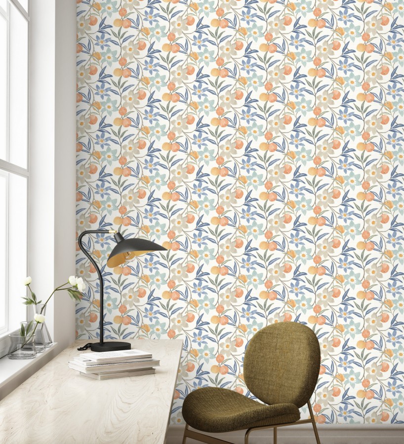 Papel pintado de frutas y flores estilo country tonos naranja azules y grises  Rowan Nectarine 684301