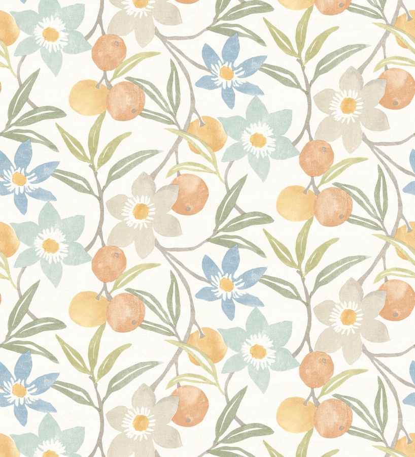 Papel pintado de frutas y flores estilo country tonos naranjas azules y verdes  Rowan Nectarine 684302