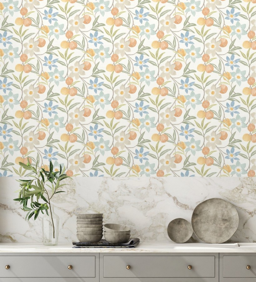 Papel pintado de frutas y flores estilo country tonos naranjas azules y verdes  Rowan Nectarine 684302