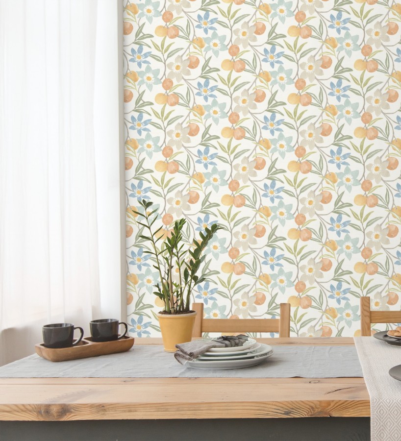 Papel pintado de frutas y flores estilo country tonos naranjas azules y verdes  Rowan Nectarine 684302