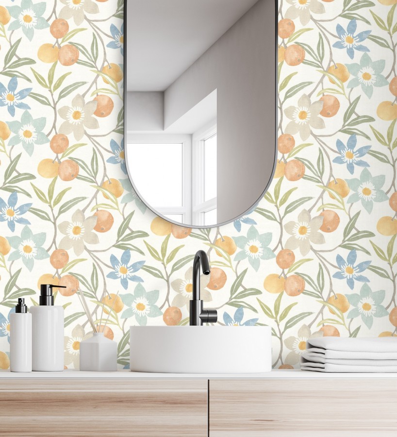 Papel pintado de frutas y flores estilo country tonos naranjas azules y verdes  Rowan Nectarine 684302