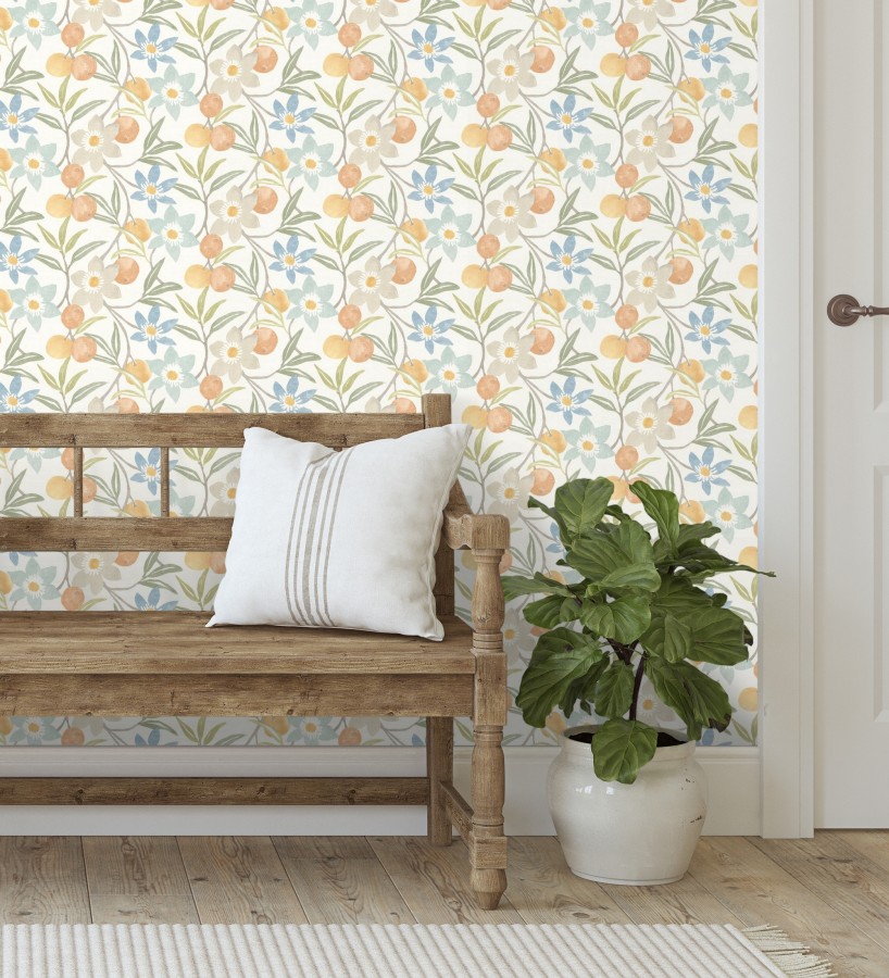 Papel pintado de frutas y flores estilo country tonos naranjas azules y verdes  Rowan Nectarine 684302