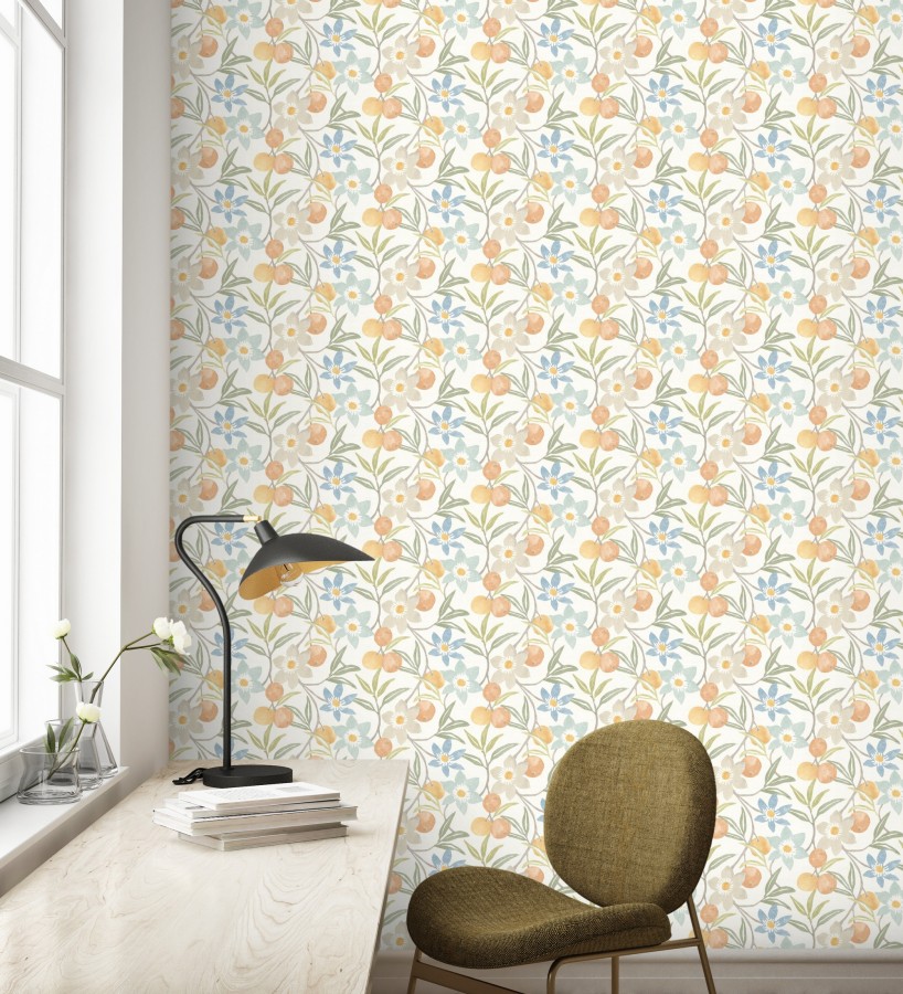 Papel pintado de frutas y flores estilo country tonos naranjas azules y verdes  Rowan Nectarine 684302