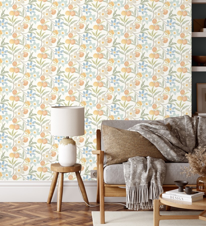 Papel pintado de frutas y flores estilo country tonos naranjas azules y verdes  Rowan Nectarine 684302
