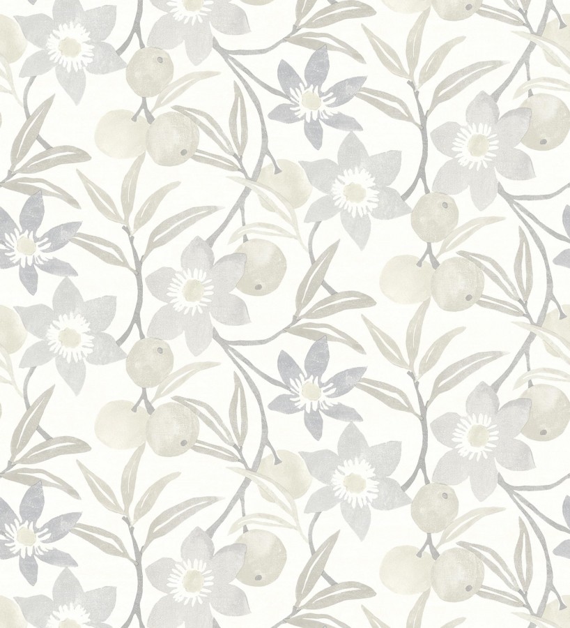 Papel pintado de frutas y flores estilo country tonos grises y beige  Rowan Nectarine 684303