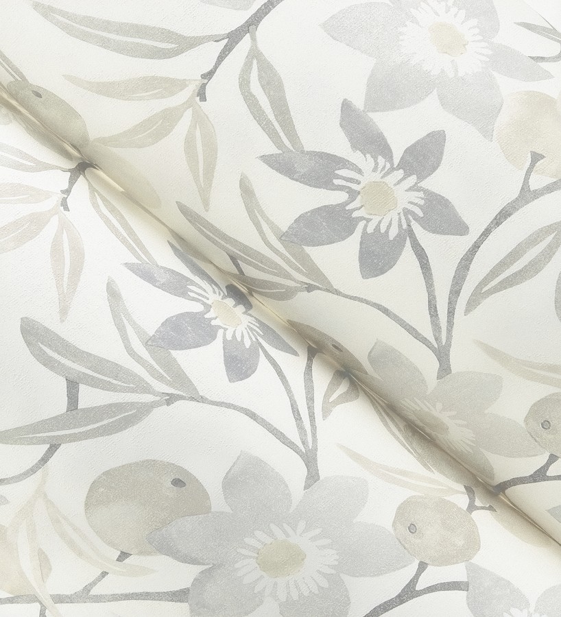 Papel pintado de frutas y flores estilo country tonos grises y beige  Rowan Nectarine 684303