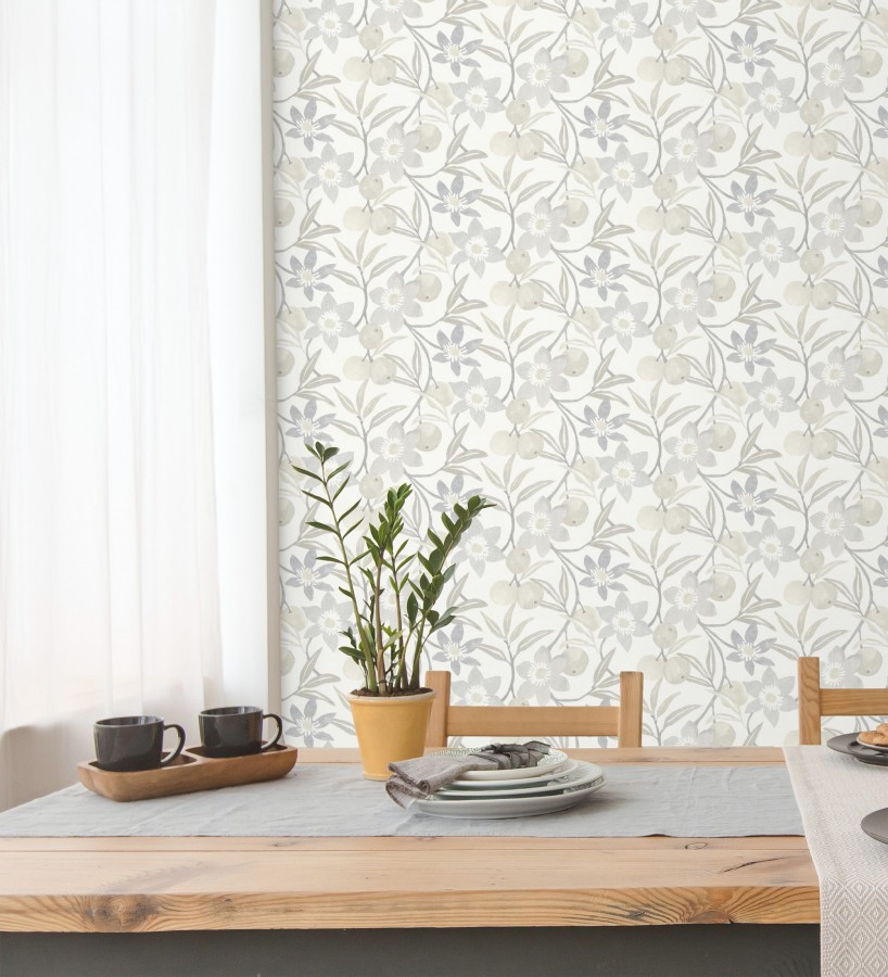 Papel pintado de frutas y flores estilo country tonos grises y beige  Rowan Nectarine 684303