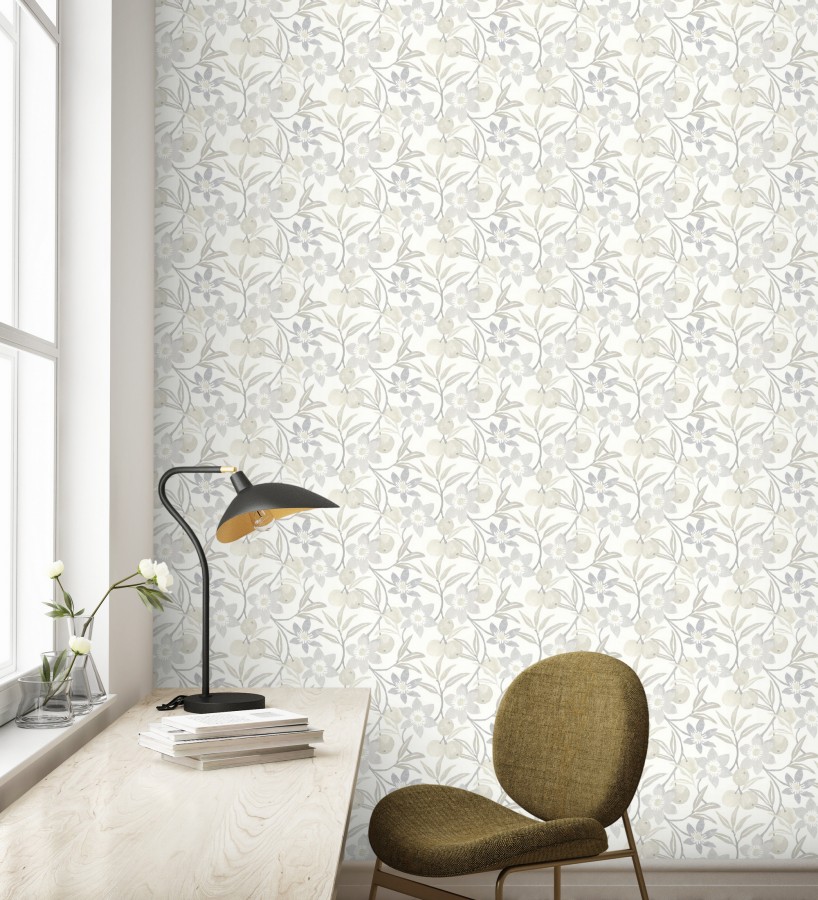 Papel pintado de frutas y flores estilo country tonos grises y beige  Rowan Nectarine 684303