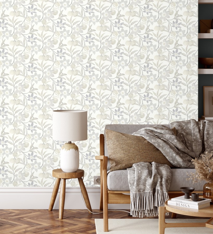 Papel pintado de frutas y flores estilo country tonos grises y beige  Rowan Nectarine 684303