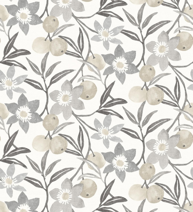 Papel pintado de frutas y flores estilo country tonos grises beige y negro  Rowan Nectarine 684304