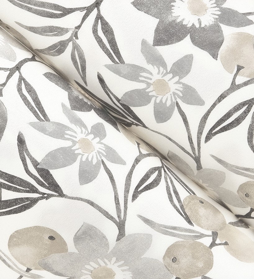 Papel pintado de frutas y flores estilo country tonos grises beige y negro  Rowan Nectarine 684304