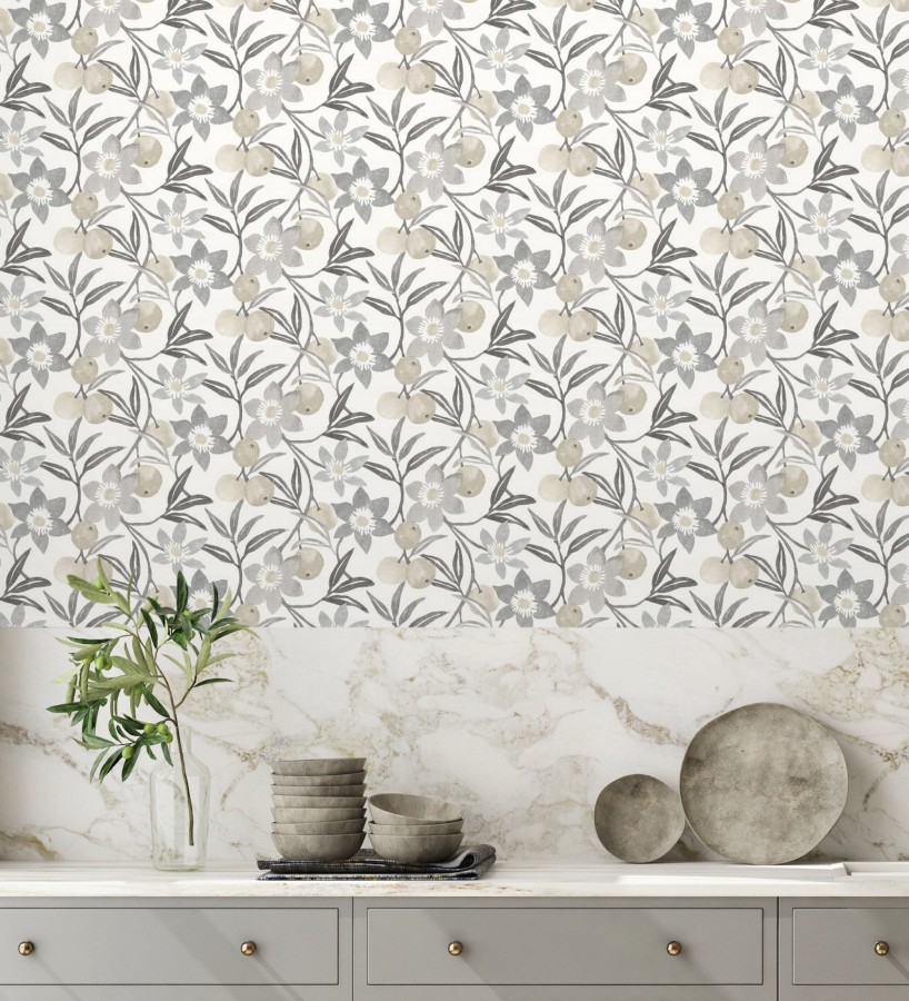 Papel pintado de frutas y flores estilo country tonos grises beige y negro  Rowan Nectarine 684304