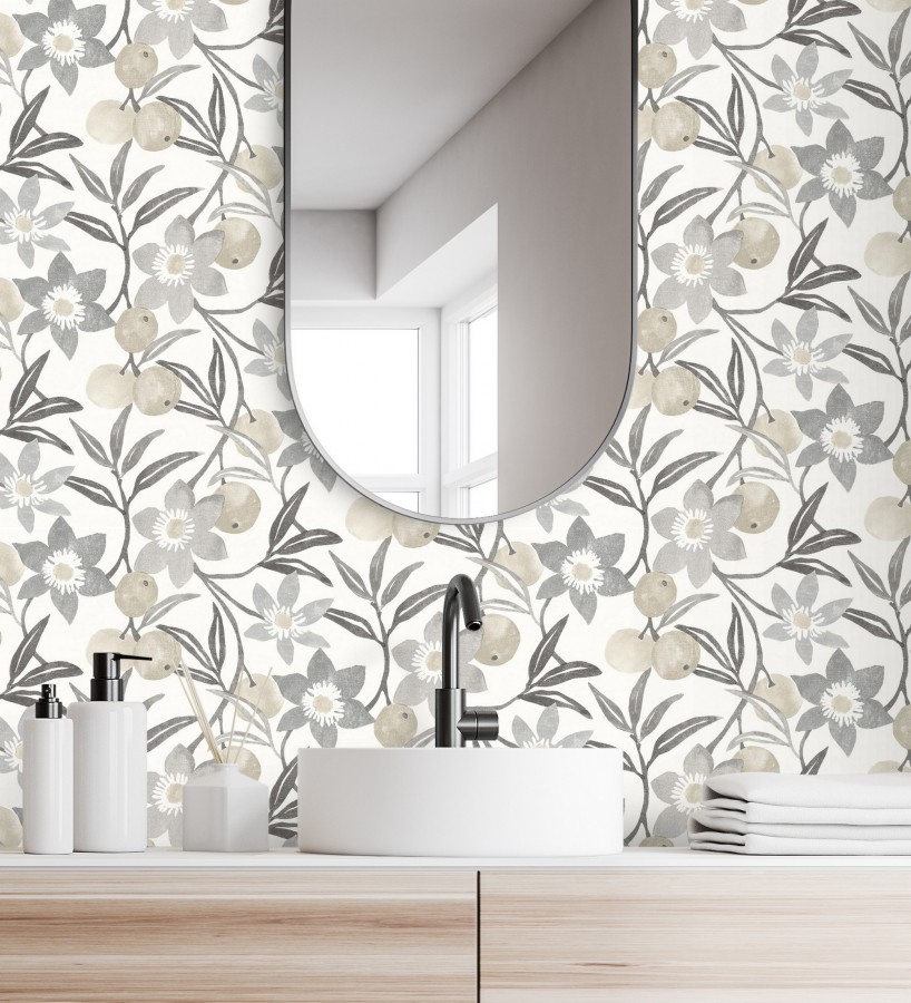 Papel pintado de frutas y flores estilo country tonos grises beige y negro  Rowan Nectarine 684304
