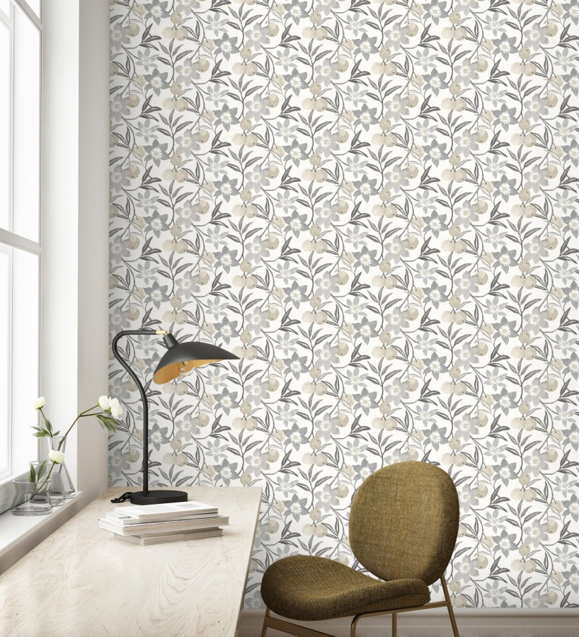 Papel pintado de frutas y flores estilo country tonos grises beige y negro  Rowan Nectarine 684304