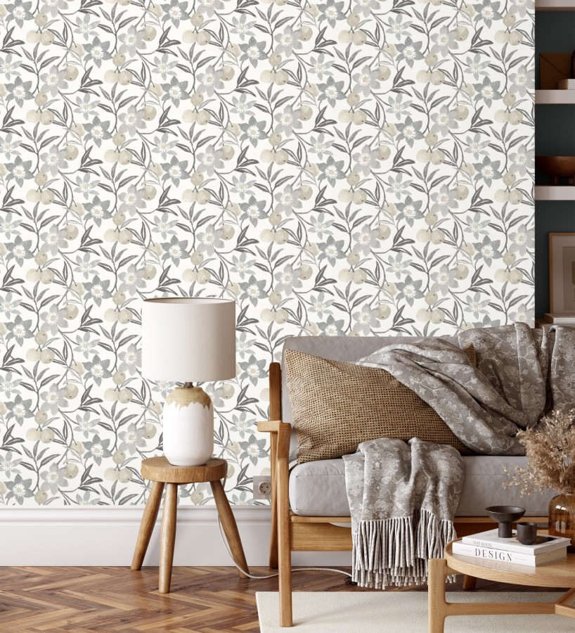 Papel pintado de frutas y flores estilo country tonos grises beige y negro  Rowan Nectarine 684304
