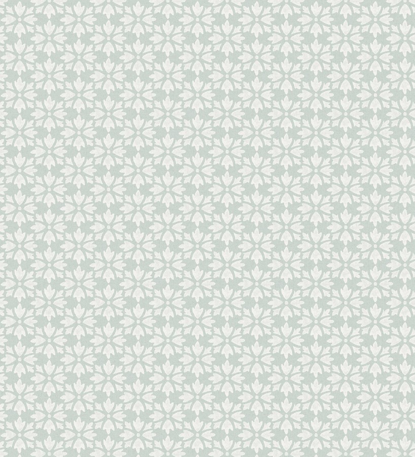 Papel pintado geométrico floral en estarcido blanco y fondo verde agua  Tampere Polaris 684305