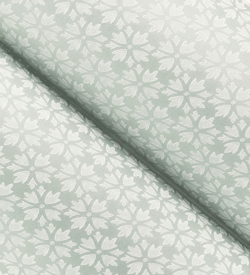 Papel pintado geométrico floral en estarcido blanco y fondo verde agua  Tampere Polaris 684305