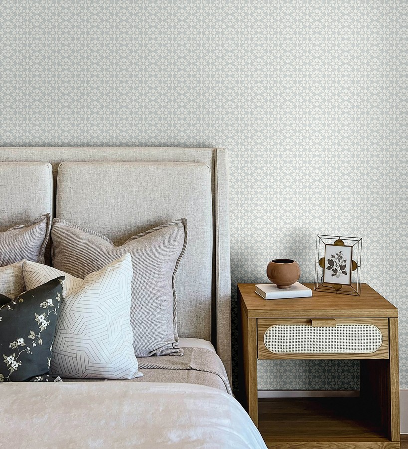 Papel pintado geométrico floral en estarcido blanco y fondo verde agua  Tampere Polaris 684305
