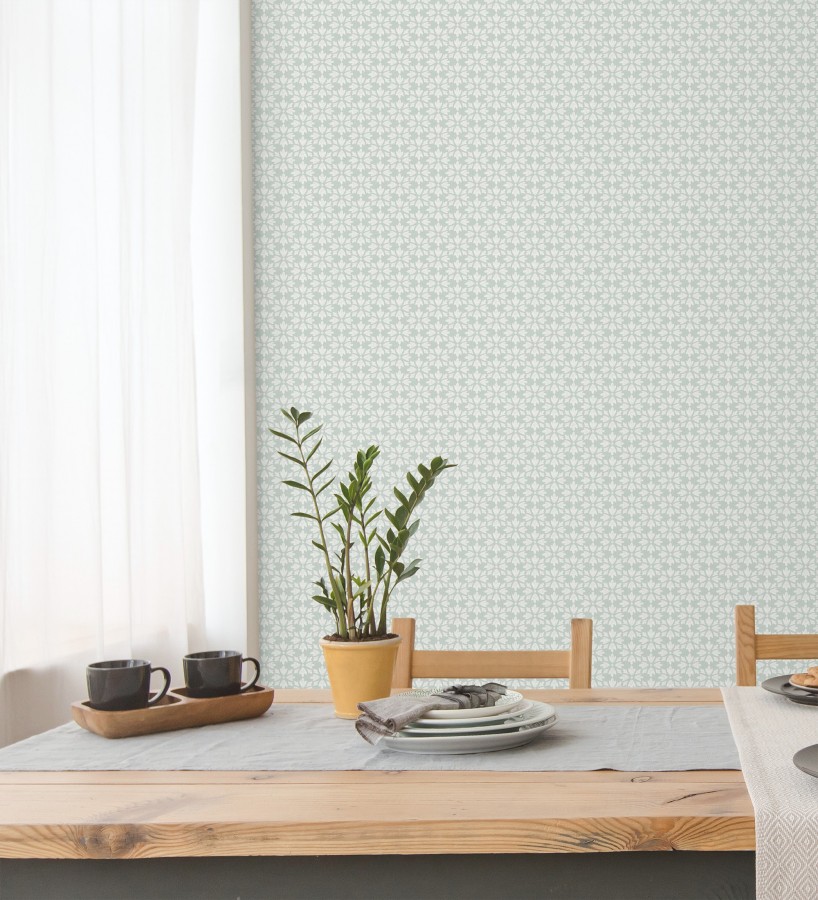 Papel pintado geométrico floral en estarcido blanco y fondo verde agua  Tampere Polaris 684305
