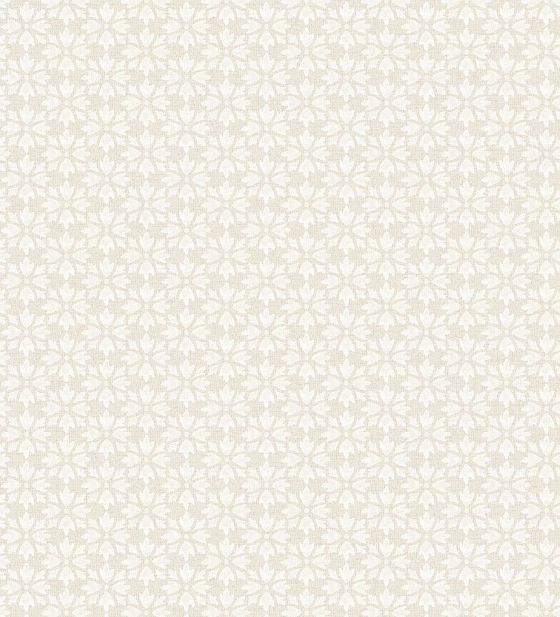 Papel pintado geométrico floral en estarcido blanco y fondo color arena  Tampere Polaris 684306