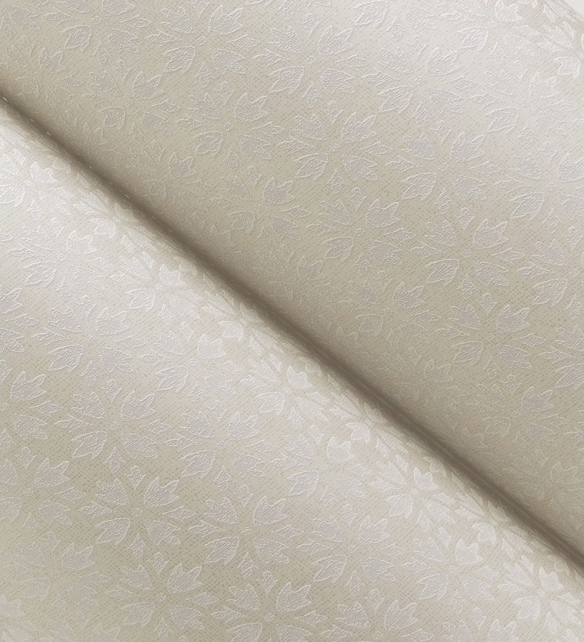 Papel pintado geométrico floral en estarcido blanco y fondo color arena  Tampere Polaris 684306
