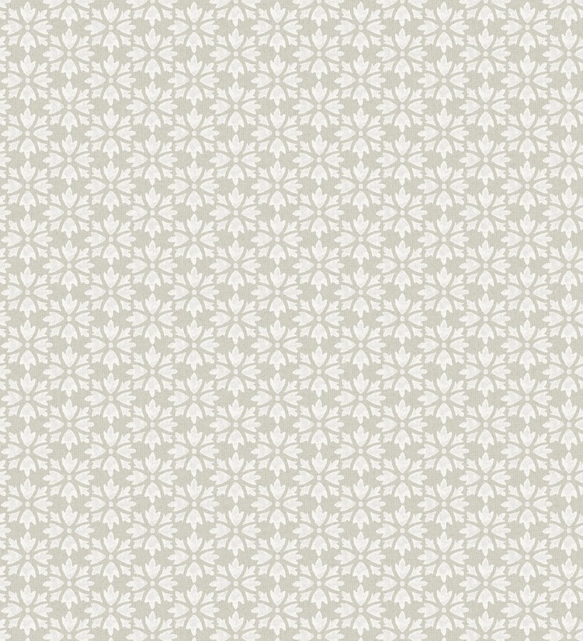 Papel pintado geométrico floral en estarcido blanco y fondo gris taupe  Tampere Polaris 684307