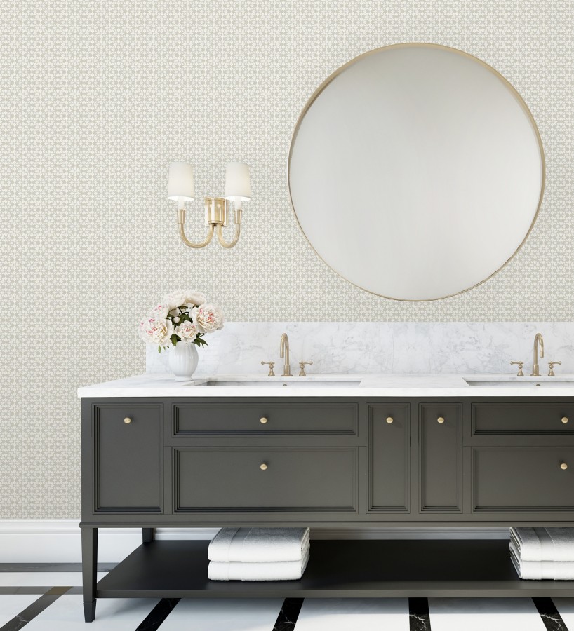 Papel pintado geométrico floral en estarcido blanco y fondo gris taupe  Tampere Polaris 684307