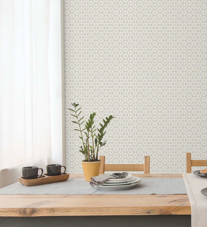 Papel pintado geométrico floral en estarcido blanco y fondo gris taupe  Tampere Polaris 684307