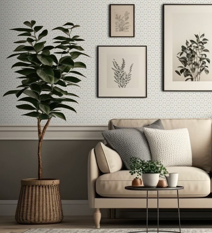 Papel pintado geométrico floral en estarcido blanco y fondo gris taupe  Tampere Polaris 684307