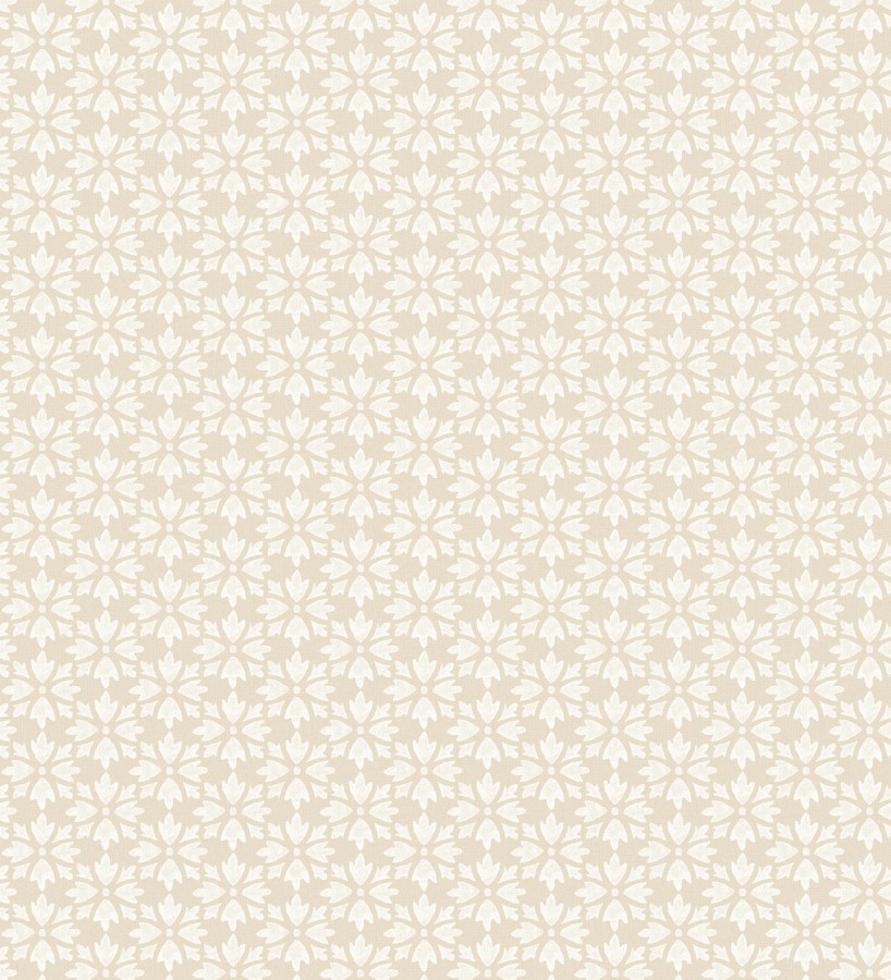 Papel pintado geométrico floral en estarcido blanco y fondo color beige  Tampere Polaris 684308