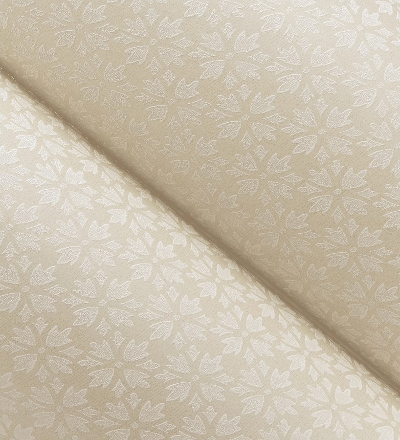 Papel pintado geométrico floral en estarcido blanco y fondo color beige  Tampere Polaris 684308