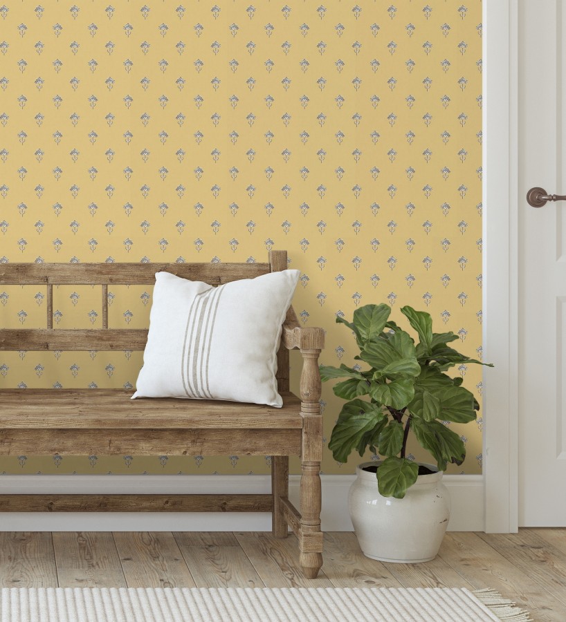 Papel pintado provenzal francés de flores pequeñas fondo ocre  Willowmere Ditsy 684311
