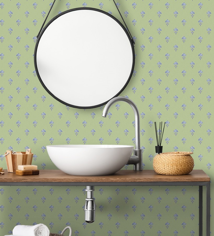 Papel pintado provenzal francés de flores pequeñas fondo verde  Willowmere Ditsy 684312