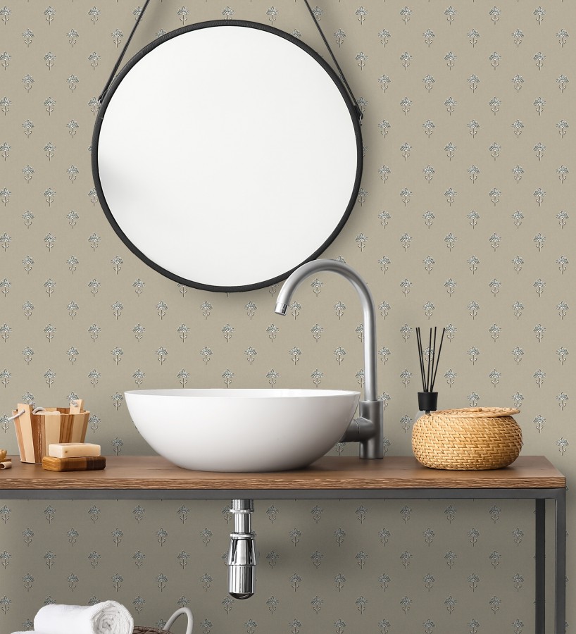 Papel pintado provenzal francés de flores pequeñas fondo taupe  Willowmere Ditsy 684313