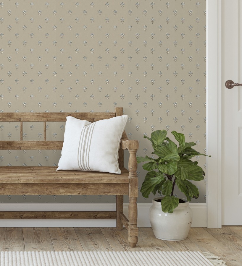 Papel pintado provenzal francés de flores pequeñas fondo taupe  Willowmere Ditsy 684313