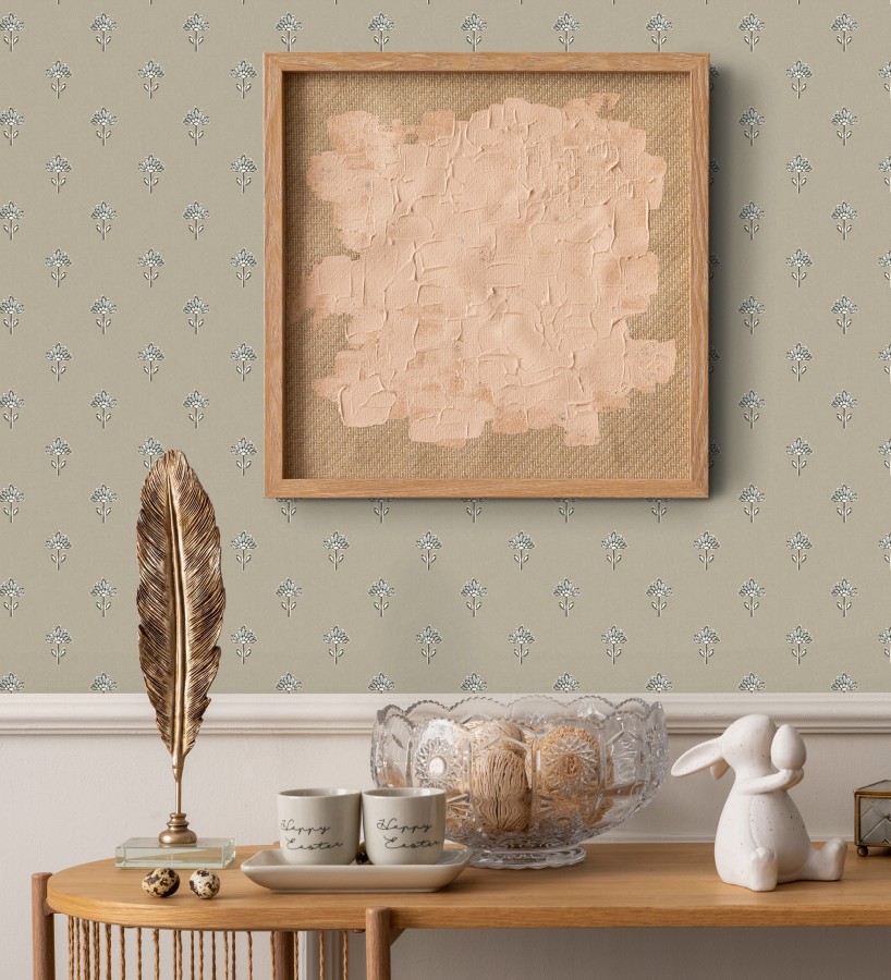 Papel pintado provenzal francés de flores pequeñas fondo taupe  Willowmere Ditsy 684313
