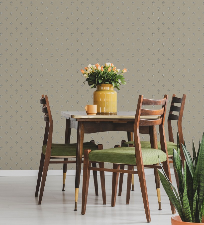 Papel pintado provenzal francés de flores pequeñas fondo taupe  Willowmere Ditsy 684313