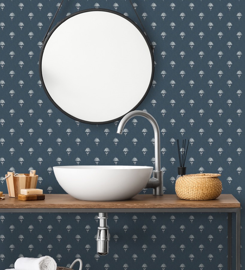 Papel pintado provenzal francés de flores pequeñas fondo azul  Willowmere Ditsy 684314